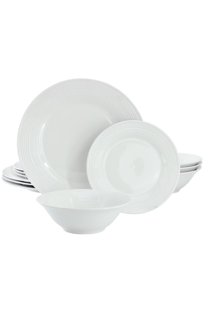 Gibson Home Everyday Embossed 12 Piece Round Ceramic Dinnerware Set, Main, color, White