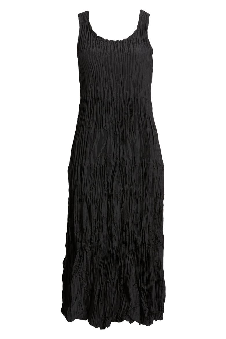 Tiered Pleated Silk Midi Dress, Alternate, color, BLACK