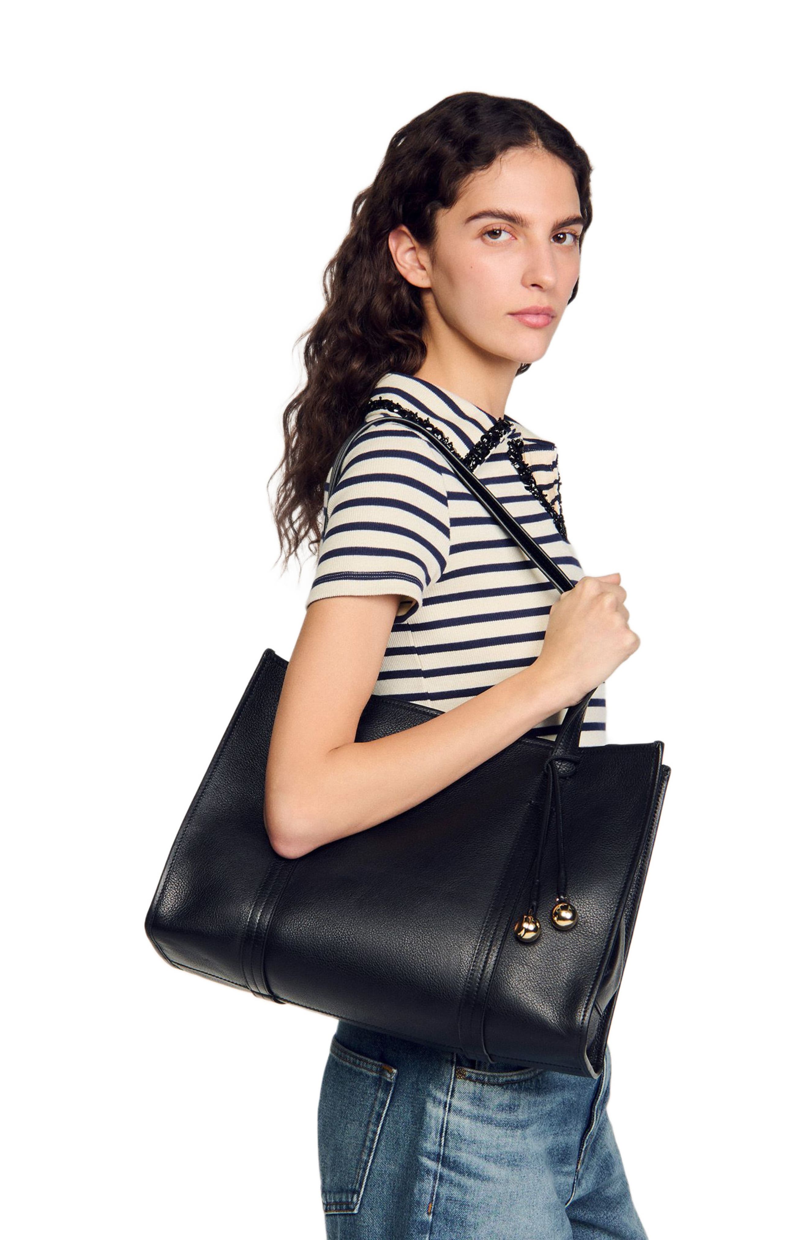 SANDRO Soft leather tote bag, Alternate, color, Black