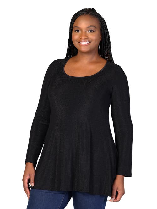 24seven Comfort Apparel Scoop Neck Long Sleeve Shimmery Fabric Tunic Top In Black