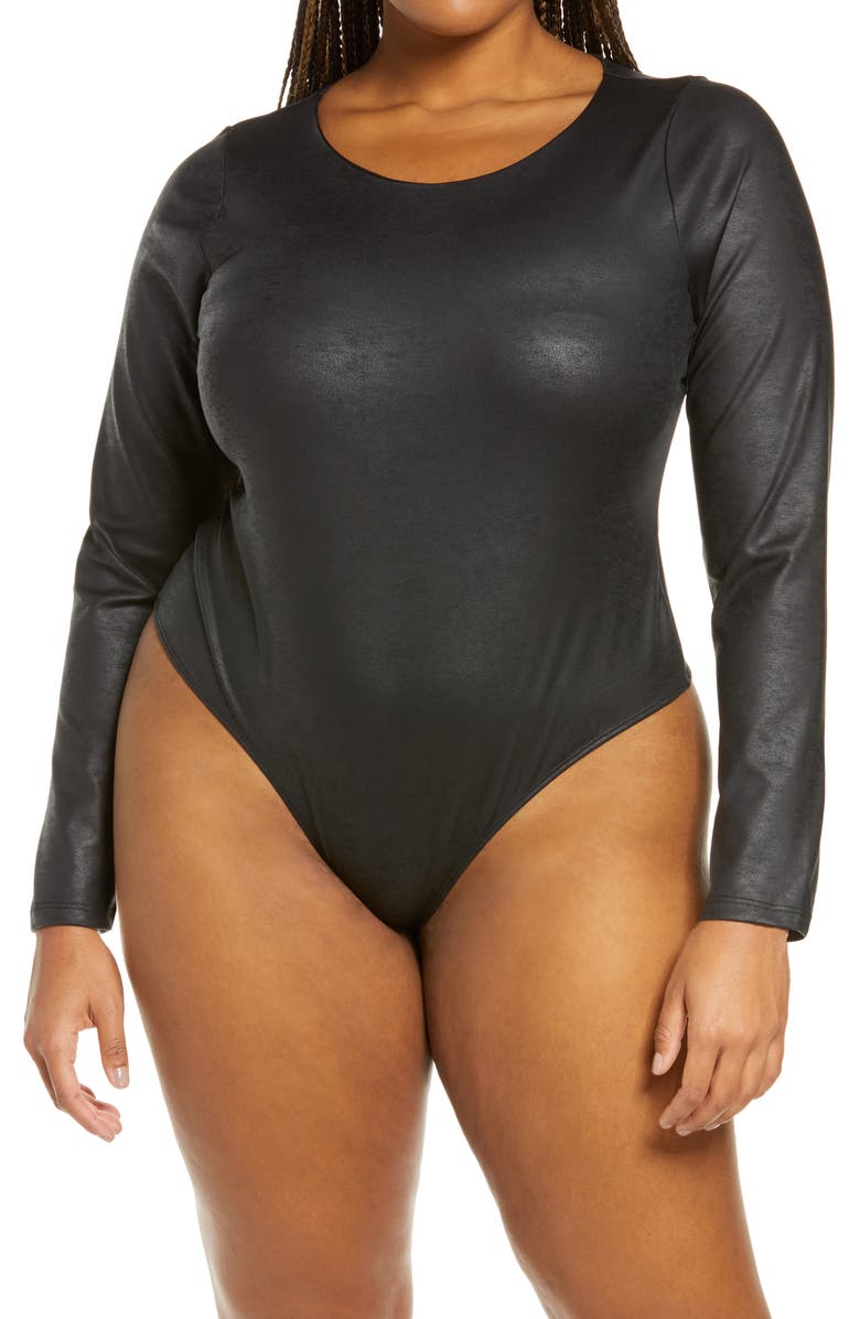 Good American Crewneck Faux Leather Bodysuit, Alternate, color,