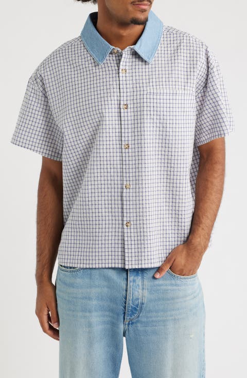 Contrast Collar Short Sleeve Button-Up Shirt