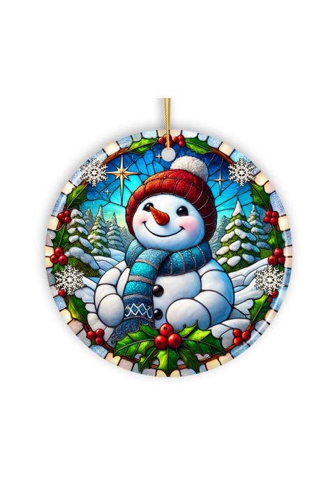 Holly Snowman Stained Glass Style Ornament - Version 1