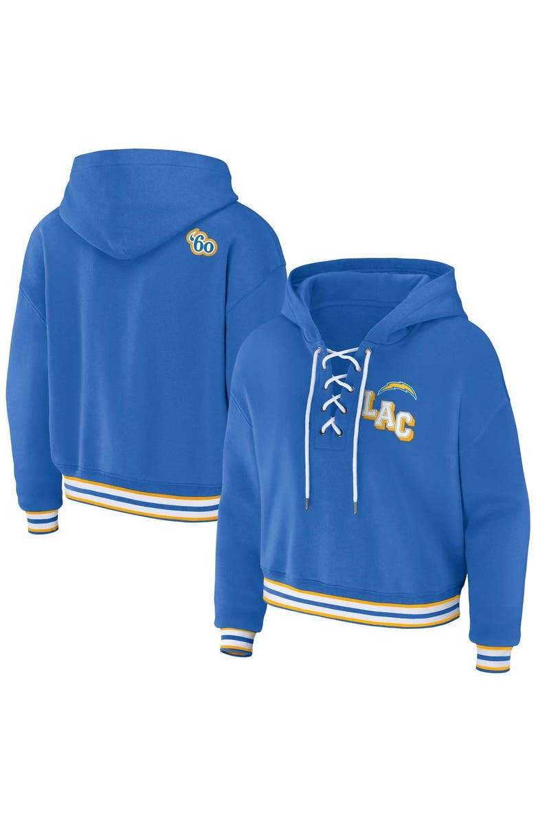 WEAR by Erin Andrews Women's WEAR by Erin Andrews Powder Blue Los Angeles Chargers Lace-Up Pullover Hoodie, Main, color, Powder Blue