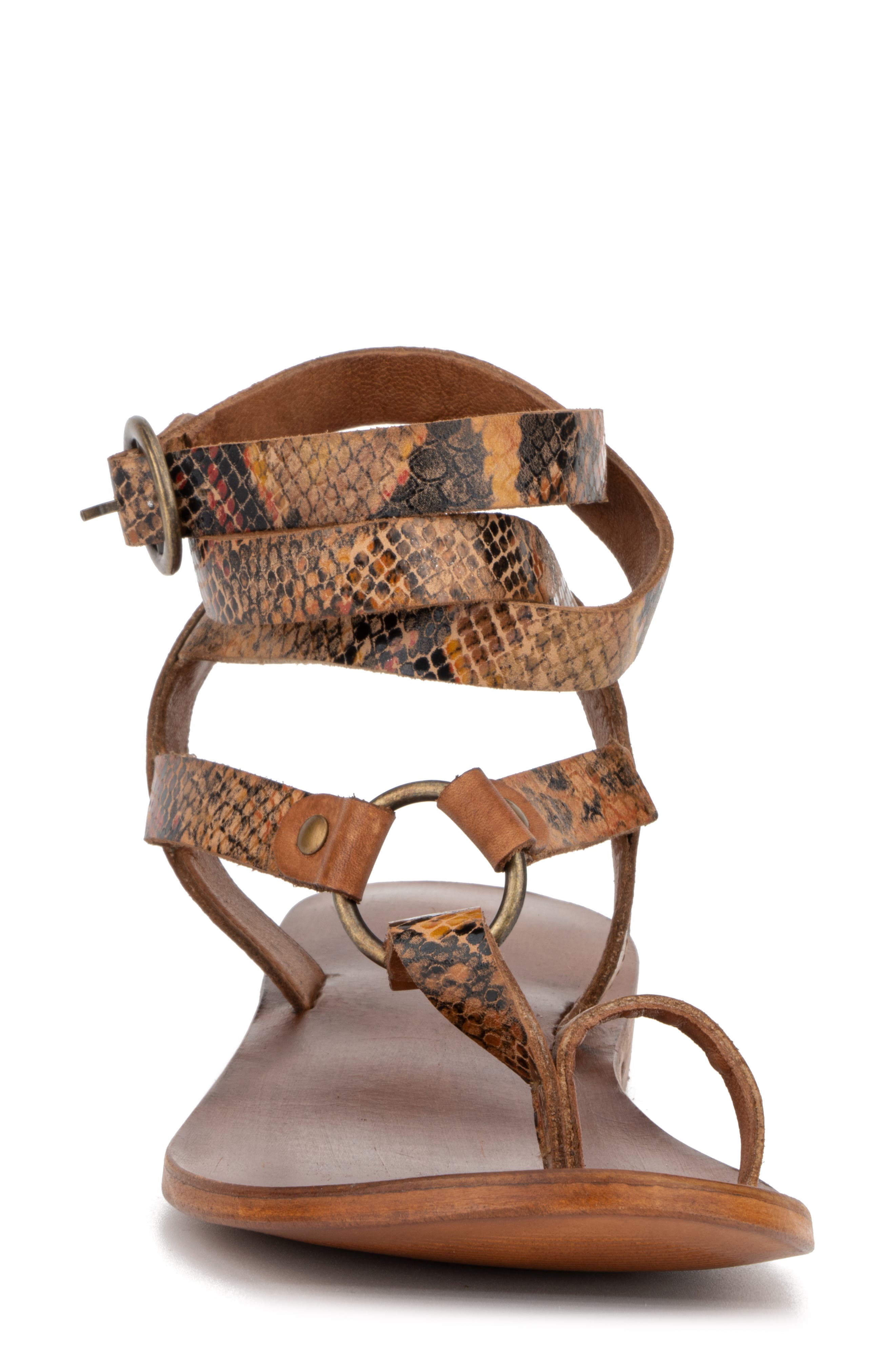 VINTAGE FOUNDRY Vina Snake Embossed Leather Ankle Strap Flat Sandal, Alternate, color, Tan