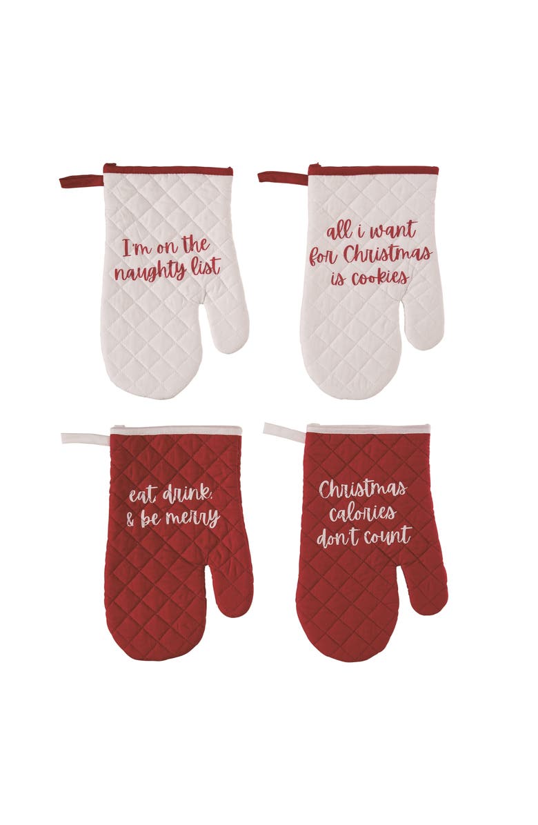 Transpac Quilted Christmas Oven Mitt Set of 4 Home Decorations, Main, color, Red