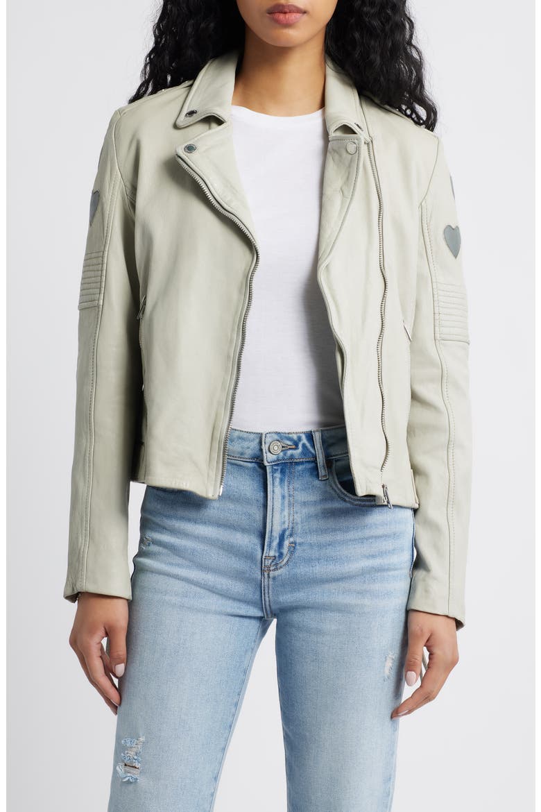Reo Heart Detail Leather Moto Jacket, Main, color, OFFWHITE/ GREY