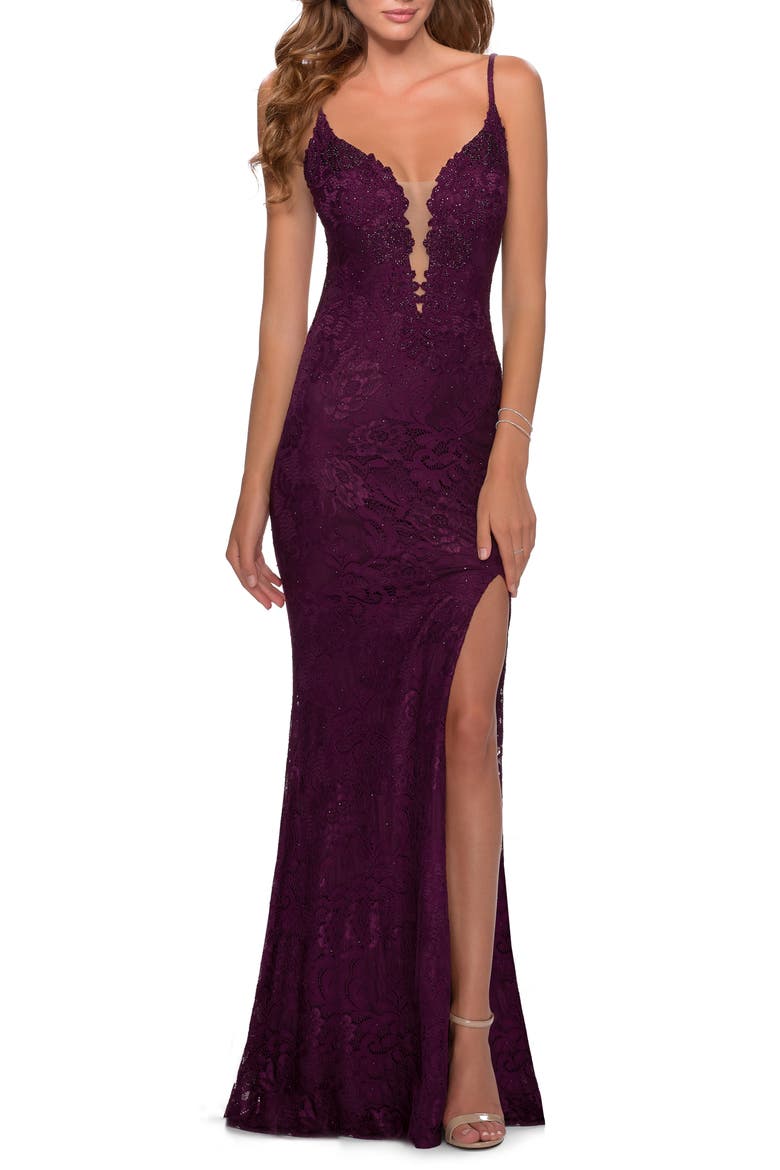 Lace Dress with Deep V-Neck and Rhinestones, Main, color, DARK BERRY