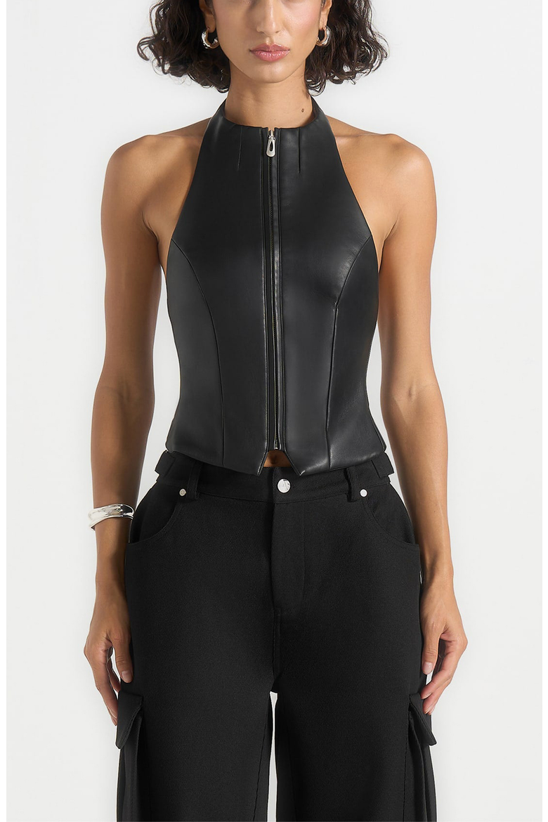 Claudette Leather Halterneck Backless Top, Alternate, color, Black