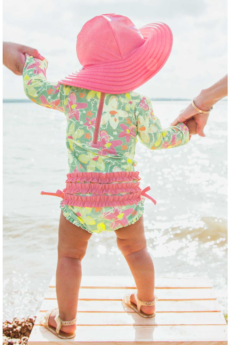Waltzing On Water One-Piece Rashguard Swimsuit & Hat Set, Alternate, color, PINK