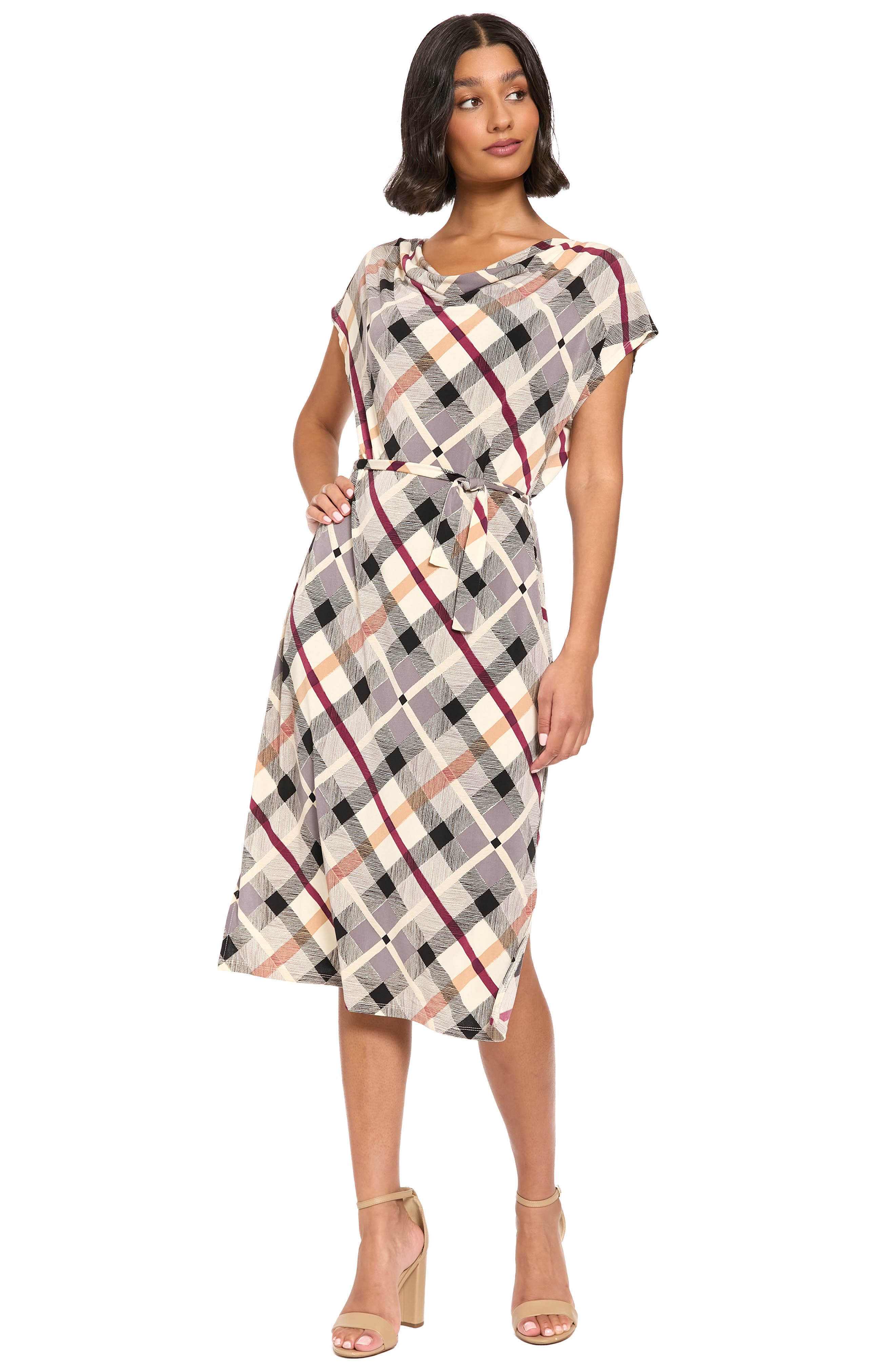 Cowl Neck Belted Midi Dress