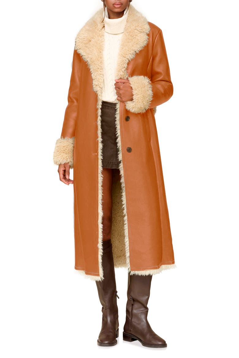 Faux Leather & Faux Shearling Belted Long Coat video