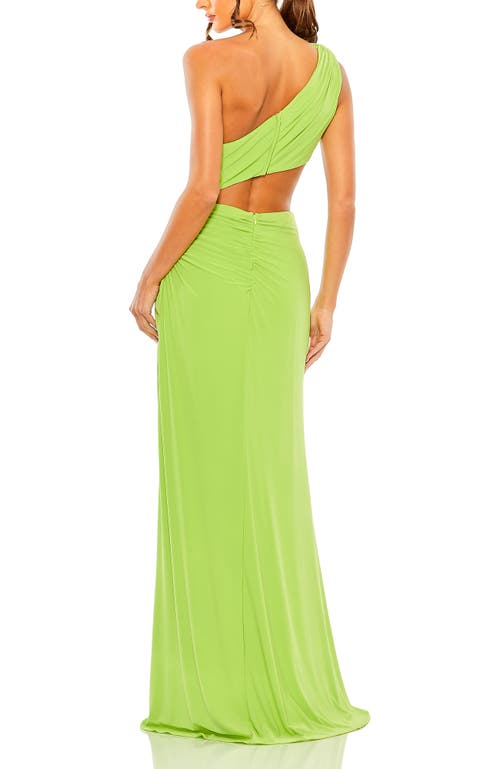 Mac Duggal Cut Out One Shoulder Ruched Back Gown In Spring Green