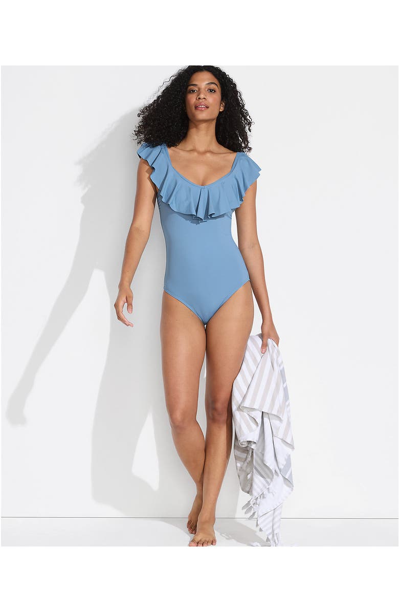 Lands' End Chlorine Resistant Ruffle V-neck High Leg One Piece Swimsuit, Alternate, color, Washed Blue Silver