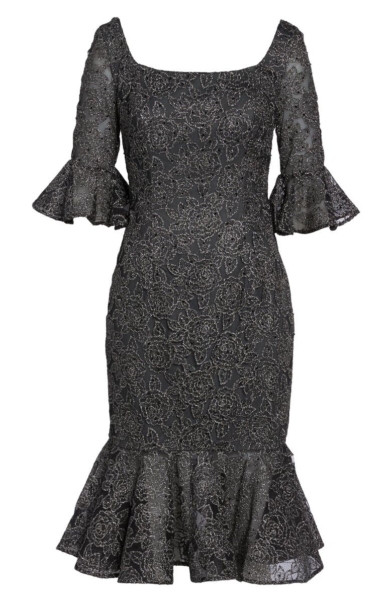 La Femme Mermaid Hem Embroidered Mesh Sheath Dress, Alternate, color,