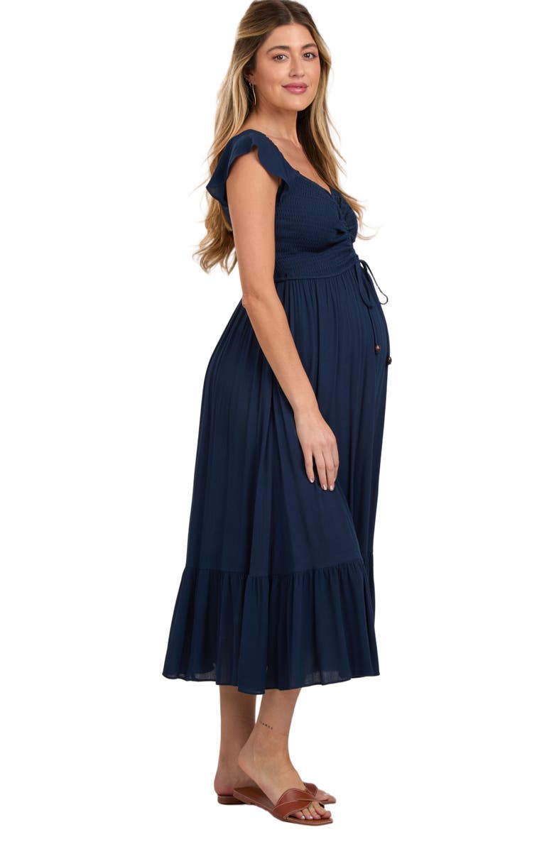 PinkBlush Smocked Ruched Ruffle Hem Maxi Dress, Alternate, color, Navy Blue