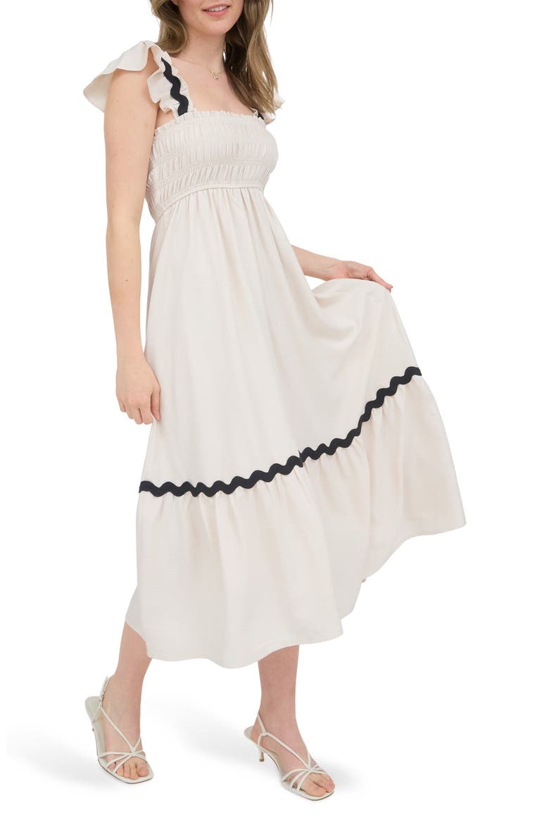 Wavy Ribbon Tiered Midi Dress, Alternate, color, LIGHT KHAKI