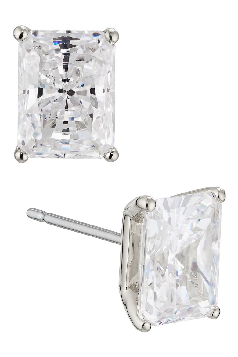Modern Luv Large Emerald Cut Cubic Zirconia Stud Earrings, Main, color, RHODIUM