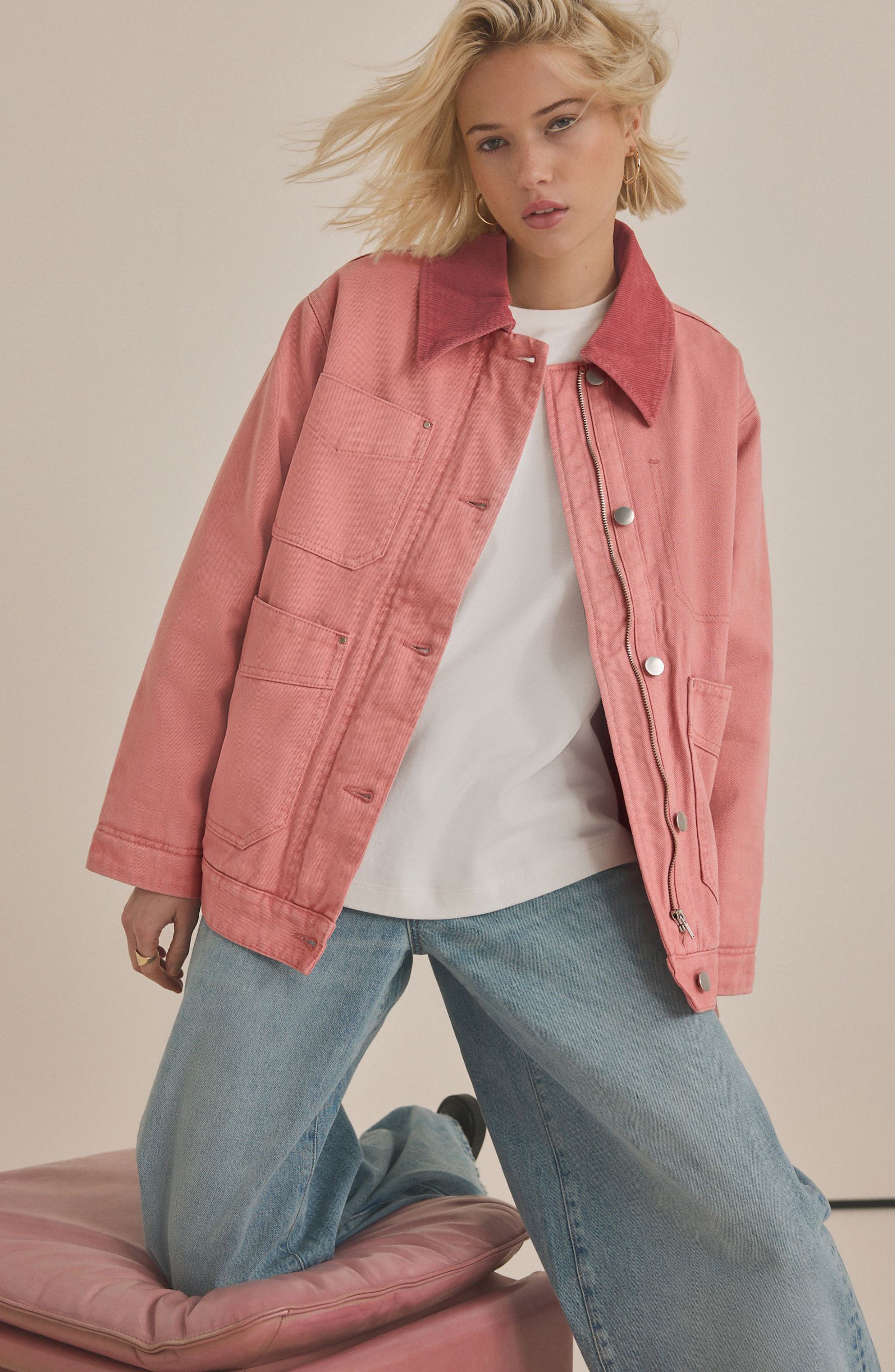 Corduroy Collar Zip Denim Jacket (Women) | Nordstrom