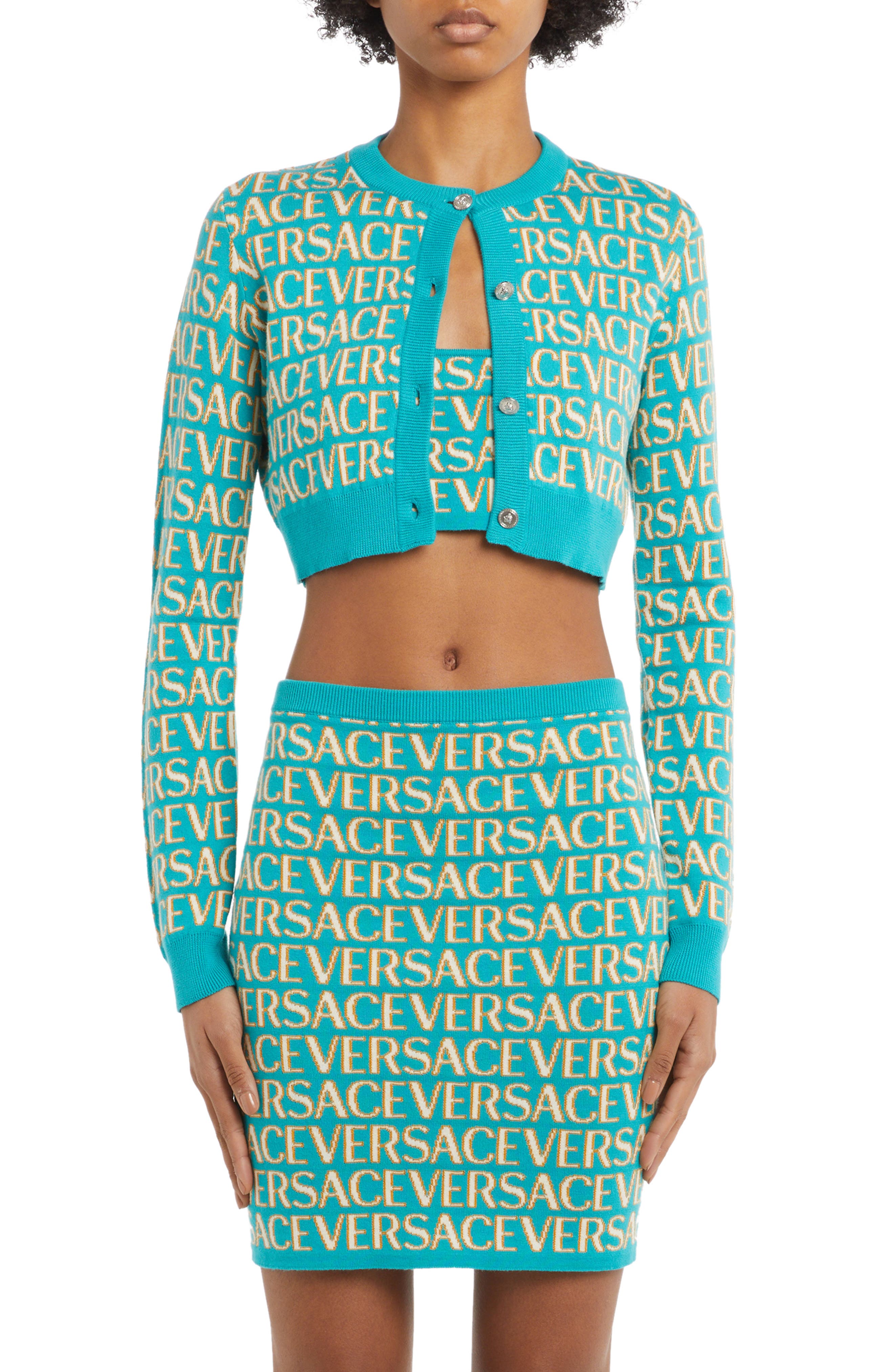 Metallic Logo Cotton Blend Crop Cardigan