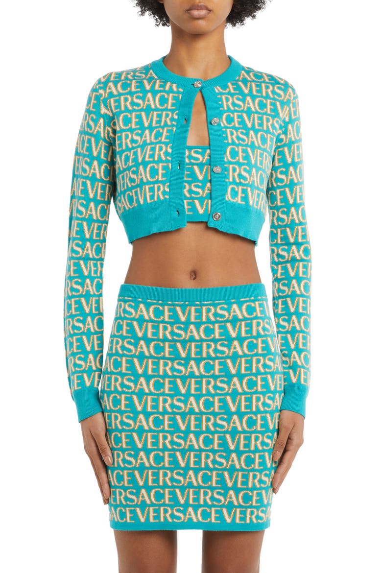 Metallic Logo Cotton Blend Crop Cardigan, Main, color, TURQUOISE LIGHT BLUE