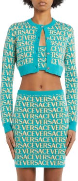 Versace Metallic Logo Cotton Blend Crop Cardigan