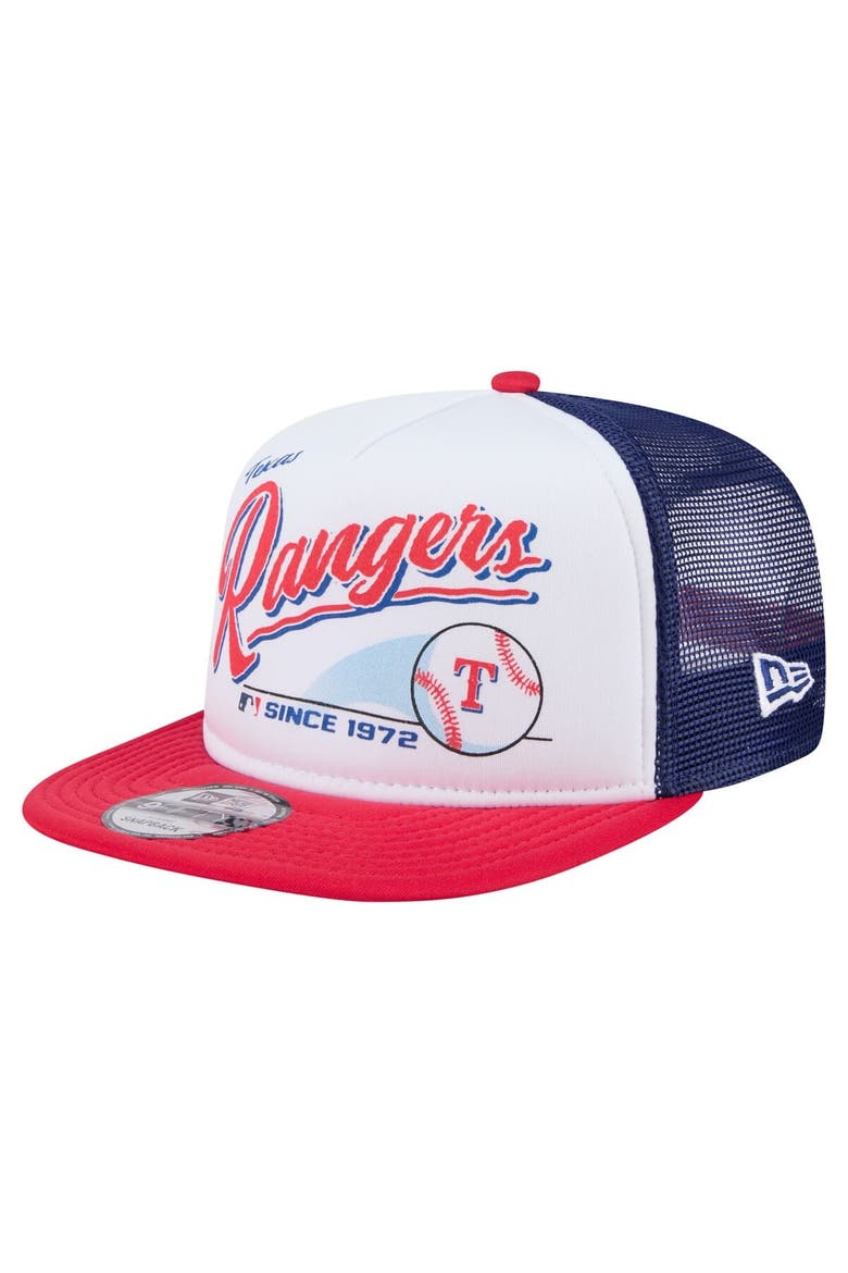 Men's New Era White/Red Texas Rangers Retro Script Trucker 9FIFTY Snapback Hat, Main, color, White