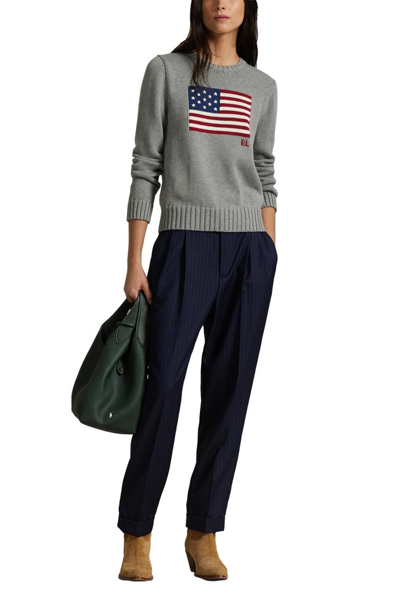 Flag Intarsia Cotton Crewneck Sweater, Alternate, color, DRIFT GREY MELANGE