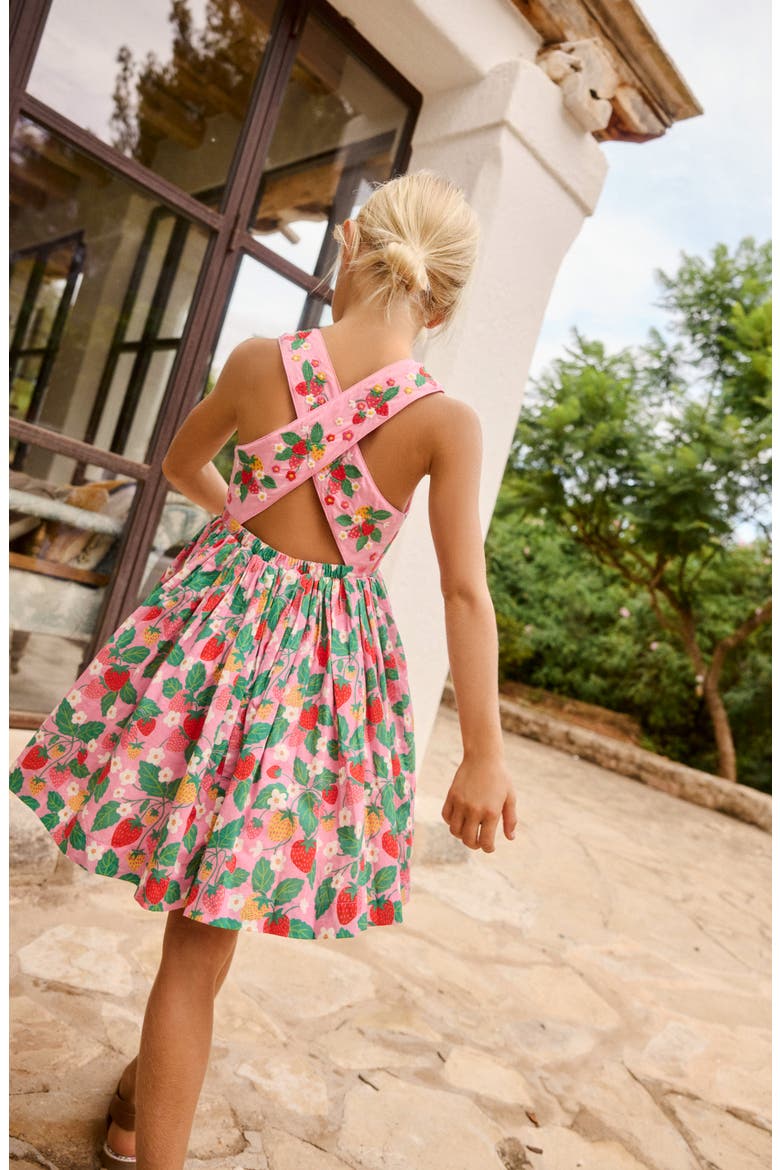 pink strawberry print dress Strawberry Pattern On Pink Wiggly Wavy Stripes Strawberry A-Line Dress by OneThreeSix