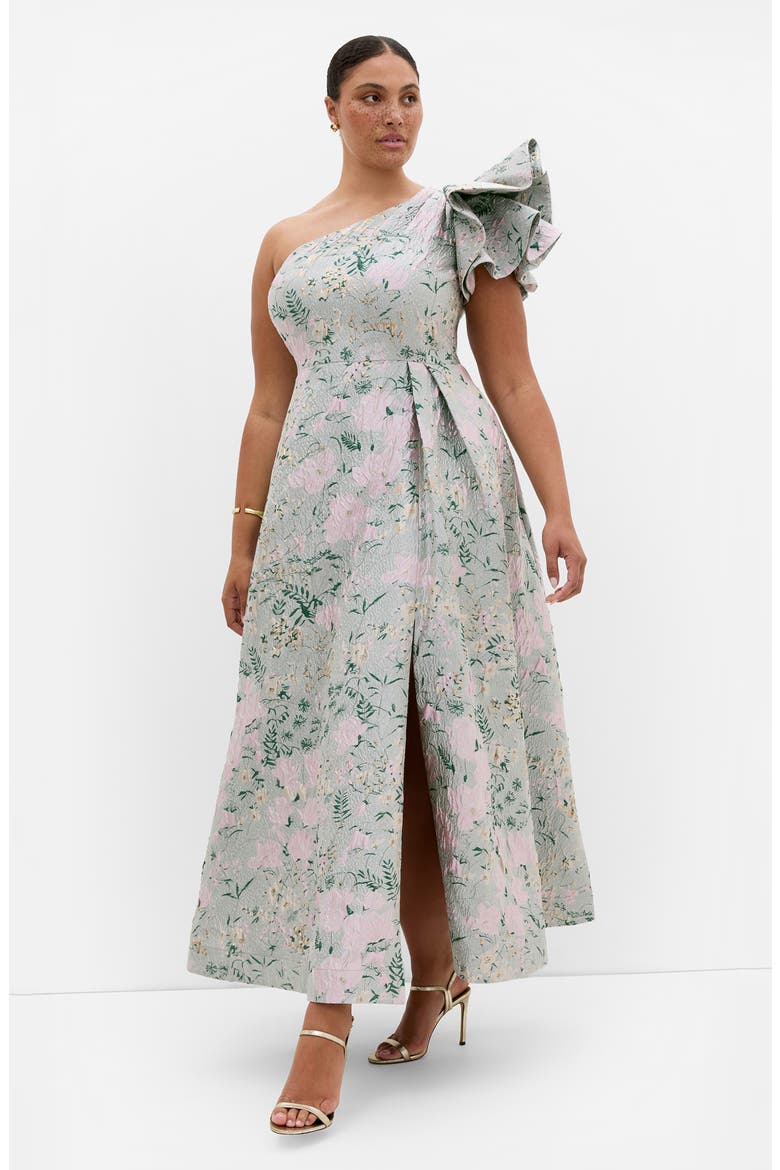 Enchanting Metallic Puff Sleeve One-Shoulder Gown, Alternate, color, SECRET GARDEN