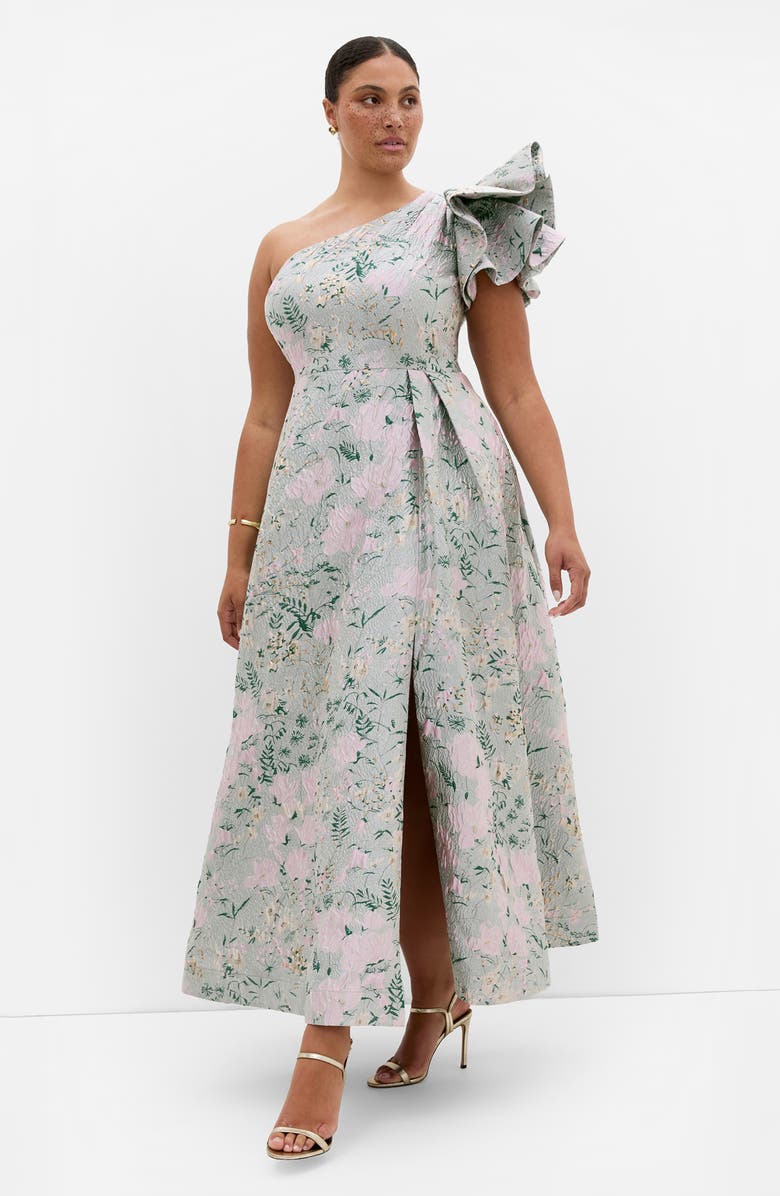 City Chic Enchanting Metallic Puff Sleeve One-Shoulder Gown, Alternate, color, Secret Garden