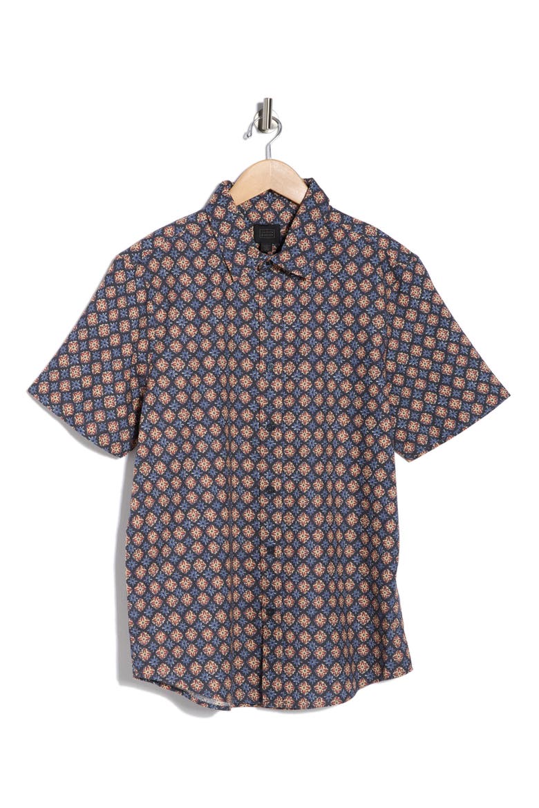 Medallion Short Sleeve Linen & Cotton Button-Up Shirt, Alternate, color, NAVY MEDALLION