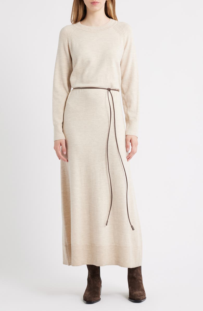 rag & bone Loren Long Sleeve Belted Wool Blend Maxi Sweater Dress, Main, color, Ivory