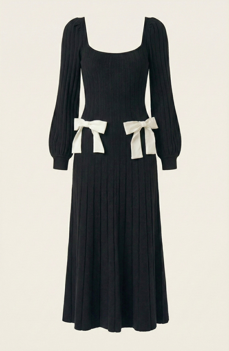 Modenaire Front Bow Flared Sweater Midi Dress, Alternate, color, Black