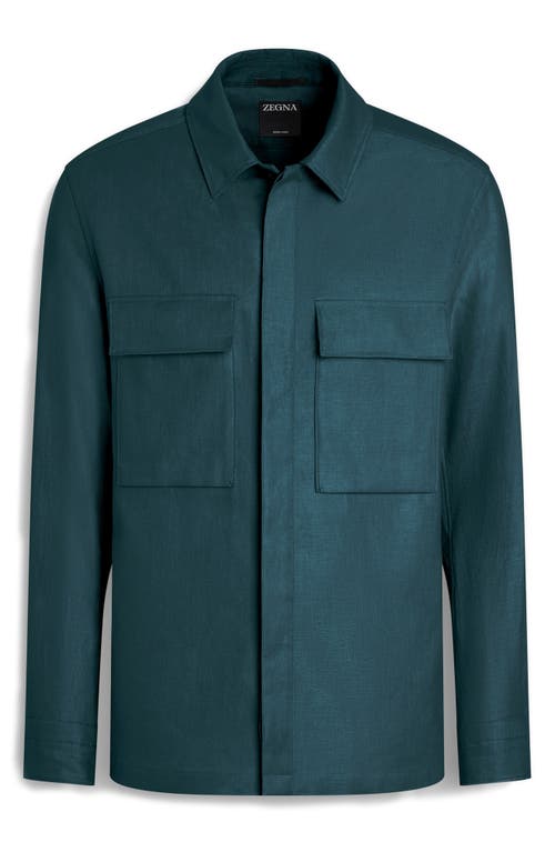 Zegna Overshirt Linen Concealed Placket In Teal Green