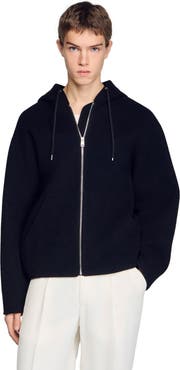 SANDRO Hooded Zip-up Wool Jacket