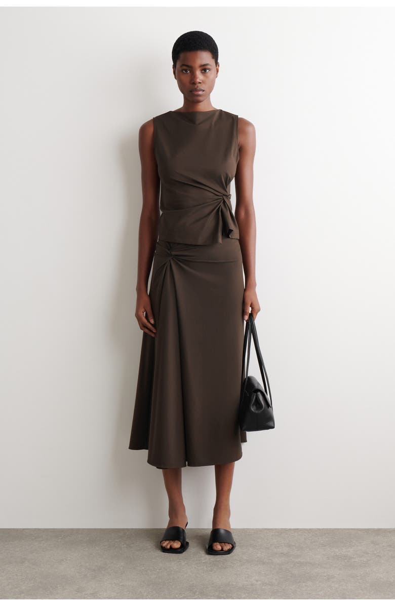 COS Twist-Detail Jersey Midi Skirt, Main, color, Brown