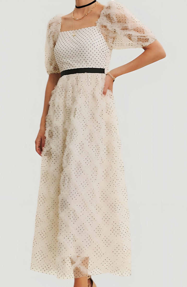 Modenaire Embroidered Puff Sleeve Square-Neck Midi Dress, Alternate, color, Ivory