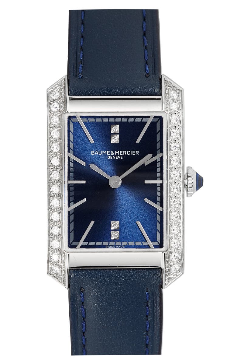 Baume & Mercier Hampton Diamond Leather Strap Watch, 35mm, Main, color, Opaline Blue