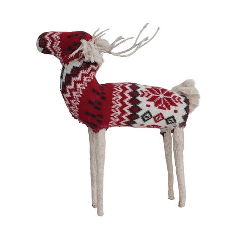 Cotton Knit & Wire Reindeer with Faire Isle Pattern, Red, Cream, & Black