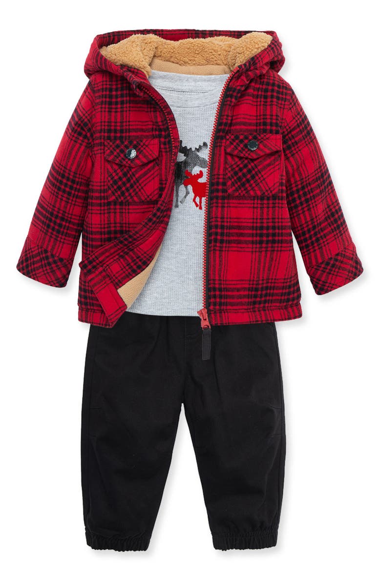 Little Me Plaid Zip-Up Hooded Jacket, Long Sleeve Shirt & Joggers Set, Alternate, color, 