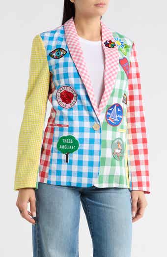 Desigual Patch Gingham Linen & Cotton Blazer