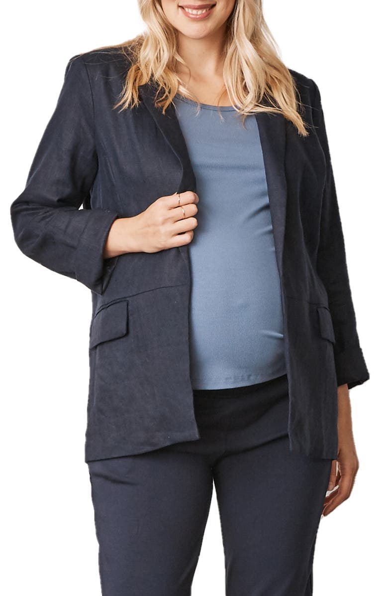 Angel Maternity Linen Maternity Blazer, Main, color, Navy