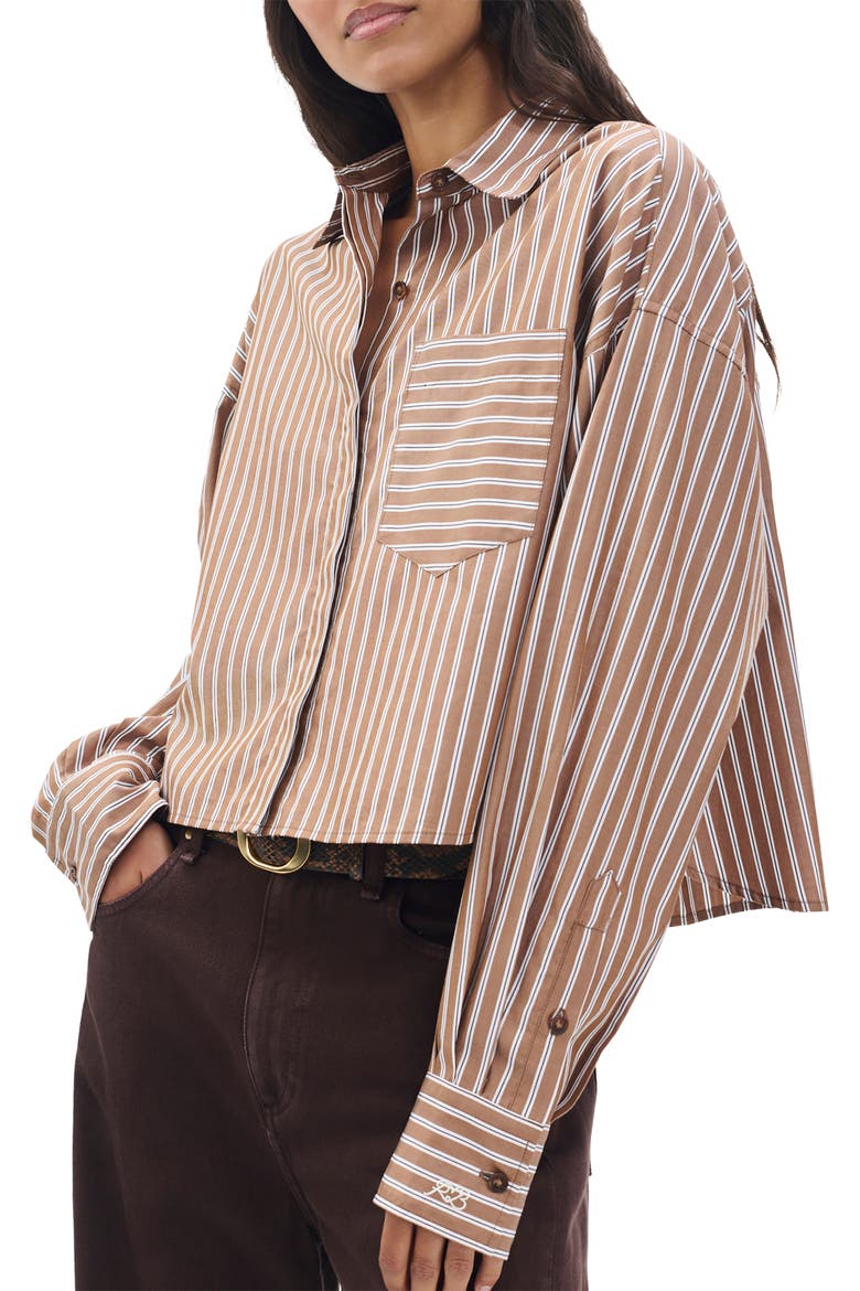 Marin Stripe Cotton Crop Button-Up Shirt, Main, color, TOBACCO
