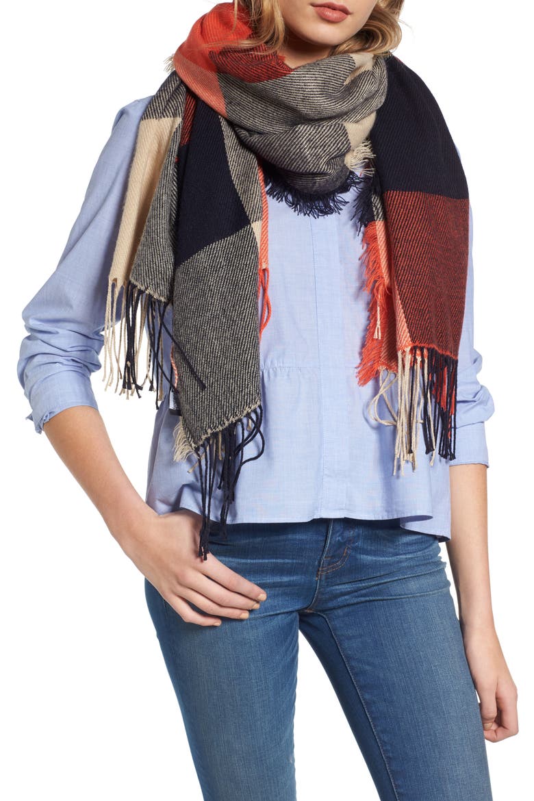 Checkmate Fringe Scarf, Main, color, IMPACT ORANGE