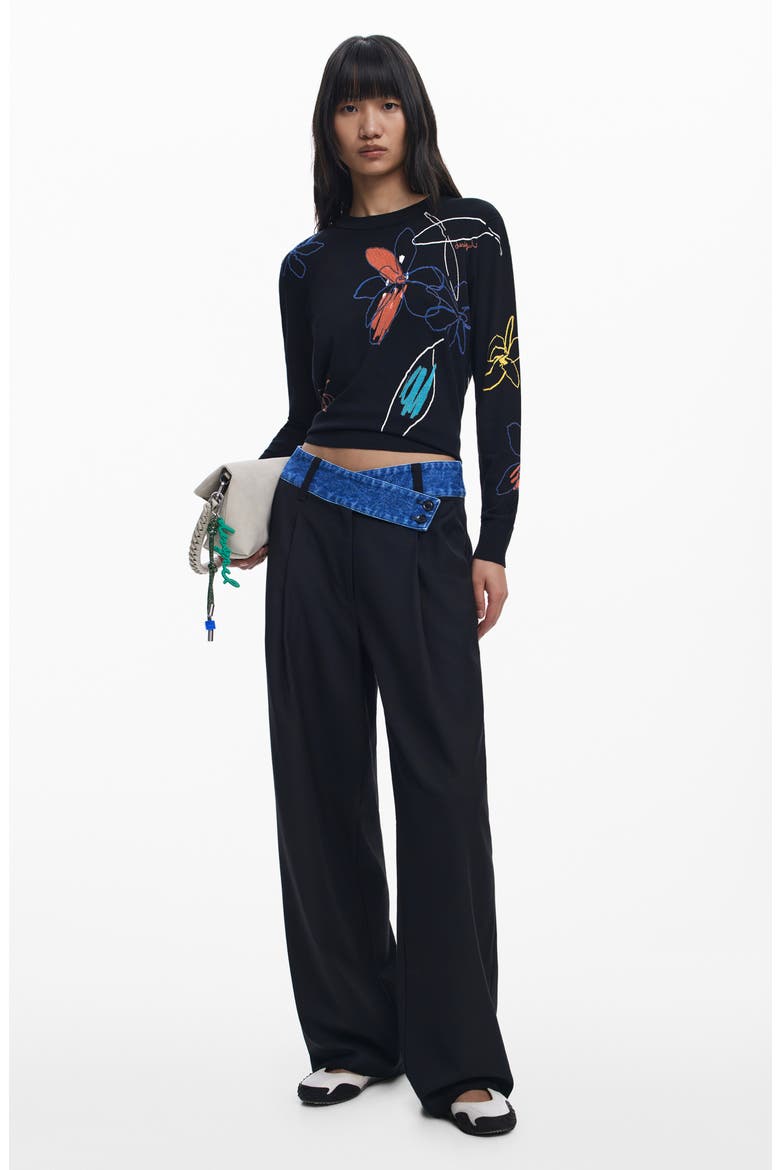 Denim Waist Wide Leg Pants, Alternate, color, BLACK