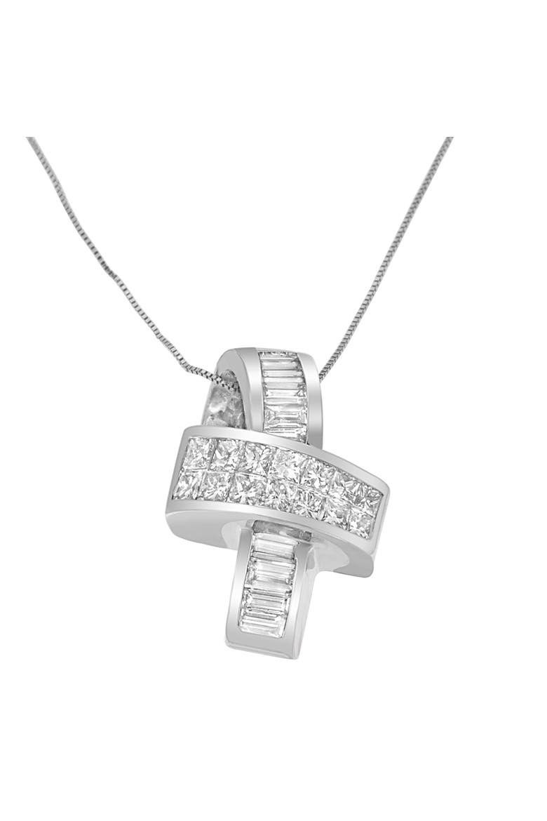 14K White Gold 2 cttw Princess and Baguette Cut Diamond Ribbon Pendant Necklace, Main, color, White