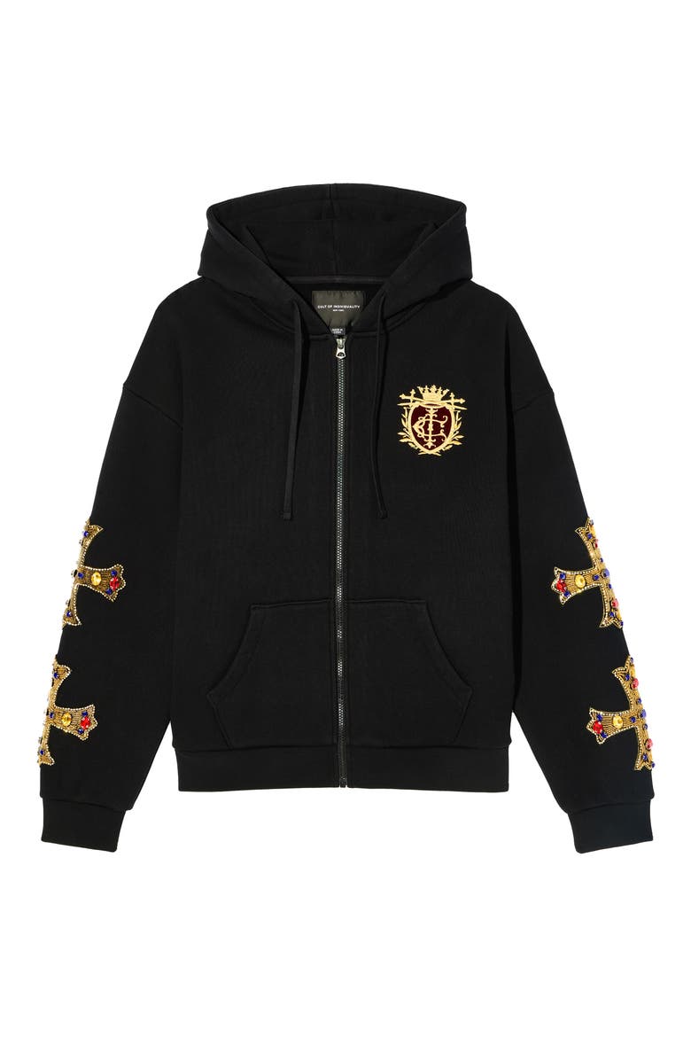 Family Crest Zip-Front Cotton Hoodie, Alternate, color, BLACK