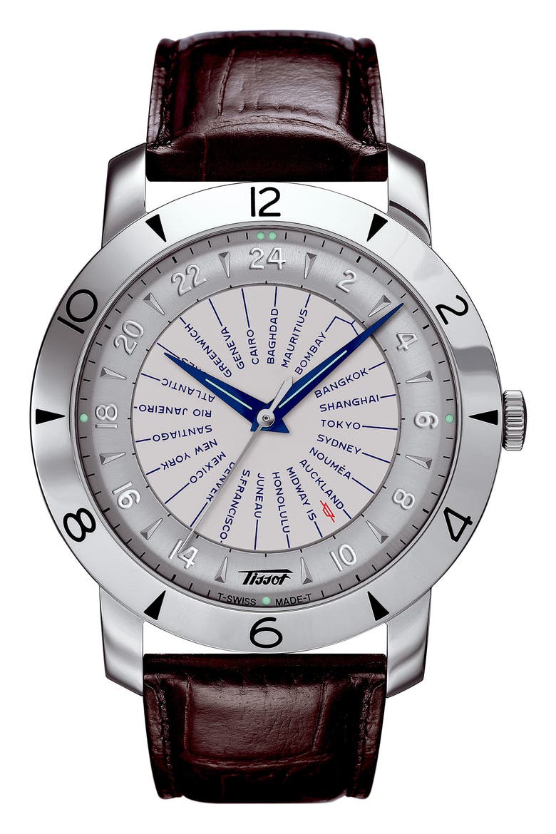 Heritage Navigator Automatic Leather Strap Watch, 43mm, Main, color, BROWN/ SILVER