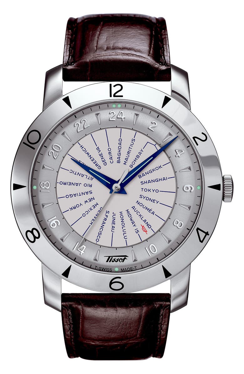 Tissot Heritage Navigator Automatic Leather Strap Watch, 43mm, Main, color, Brown/ Silver